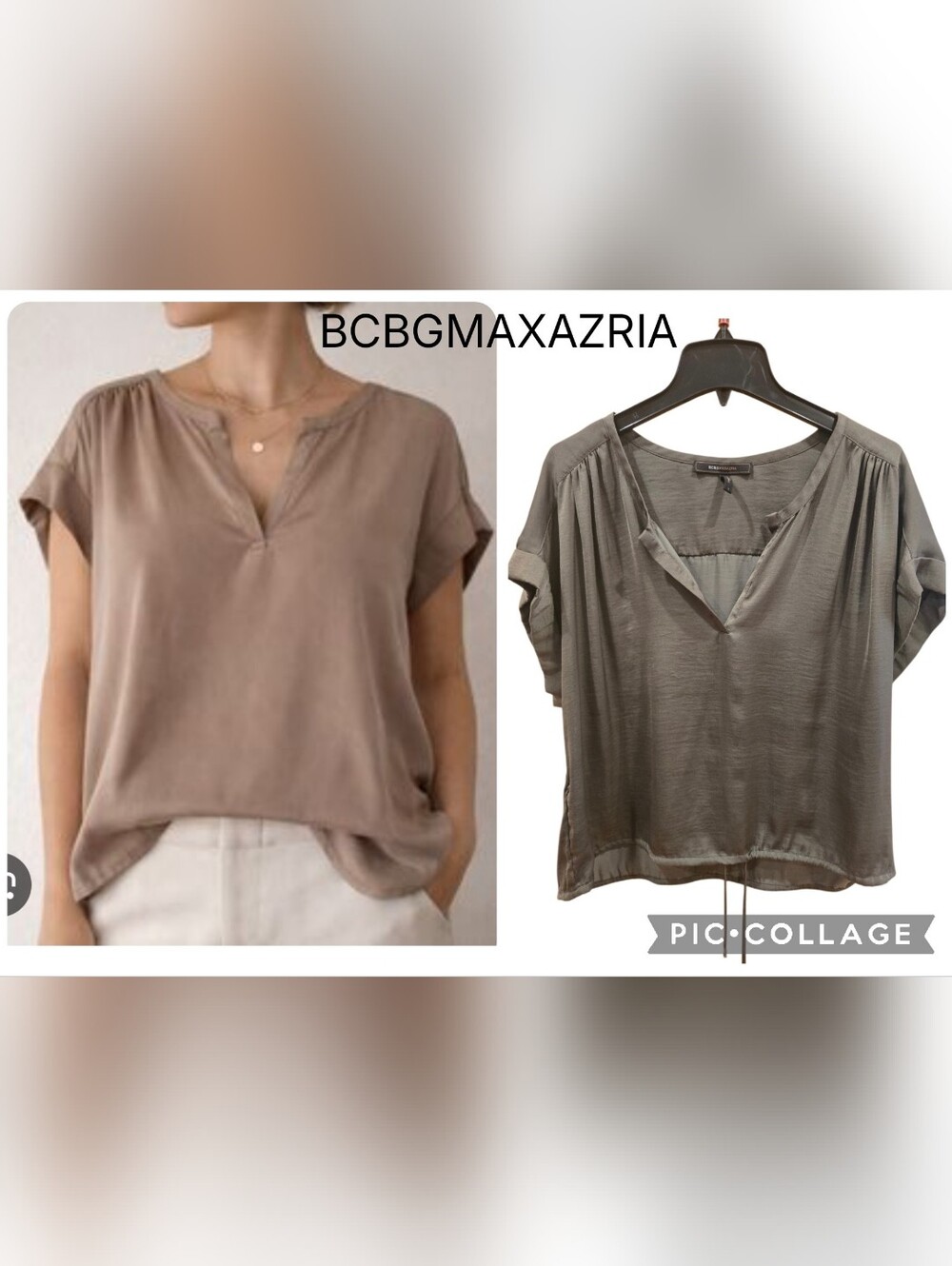 BCBGMAXAZRIA Kaki Short-Sleeve V-Neck Blouse Sz L